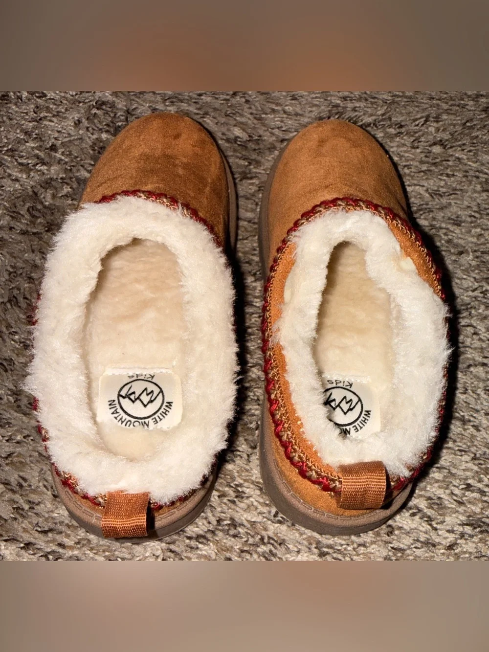 White Mountain Chestnut Faux-Suede Shearling Lined Slip-Ons with Red Trim